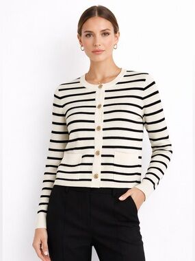 Nine West Striped Cardigan S Quiet Luxury Coastal Chic Parisian Preppy